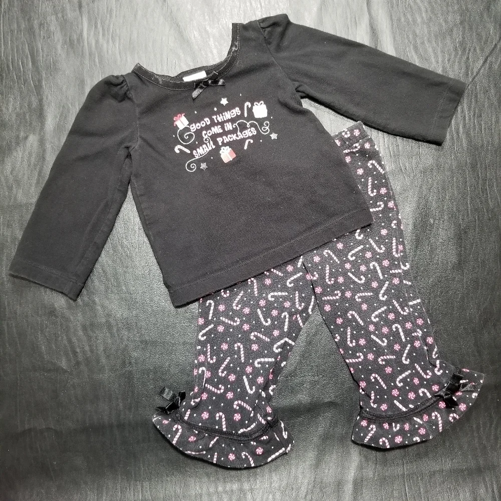 2 piece black long sleeve & candy cane ruffle leggings Christmas outfit 12 mo